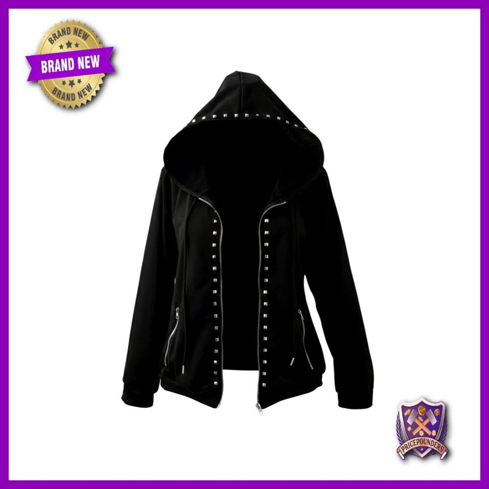 Plus Size Studded Zip Hoodie Punk Y2K Sweatshirt with Pockets